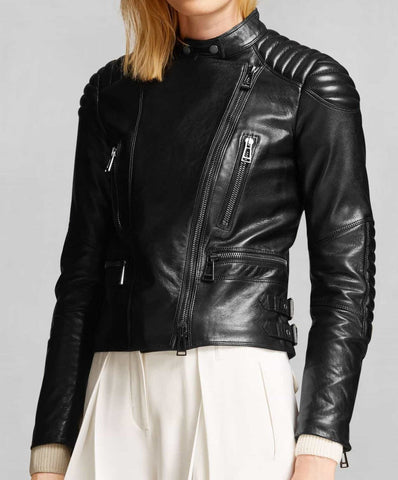 Asymmetrical Zipped Padded Womens Motorcycle Jacket - The Film Jackets