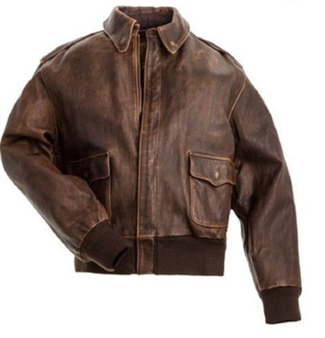 Aviator A-2 Flight Jacket Distressed Brown Bomber Jacket- Real Cowhide Leather