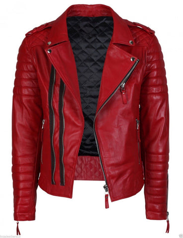 Red Quilted Leather Biker Jacket