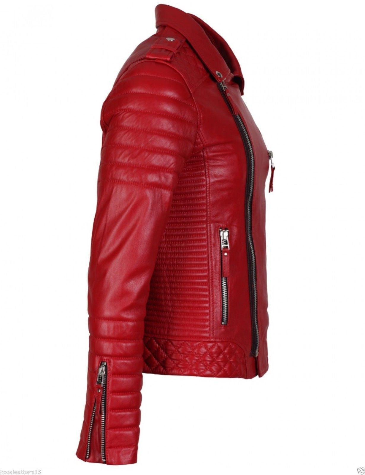 Men Red Genuine Leather Jacket with Black Diamond Quilted
