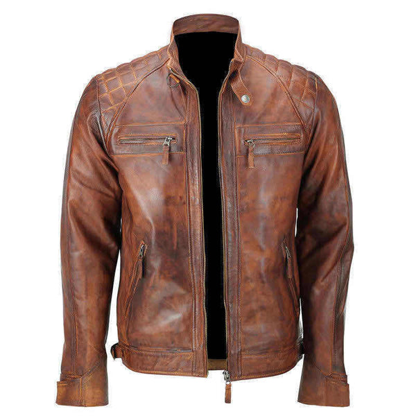 Classic Diamond Brown Distressed Leather Jacket | The Film Jackets