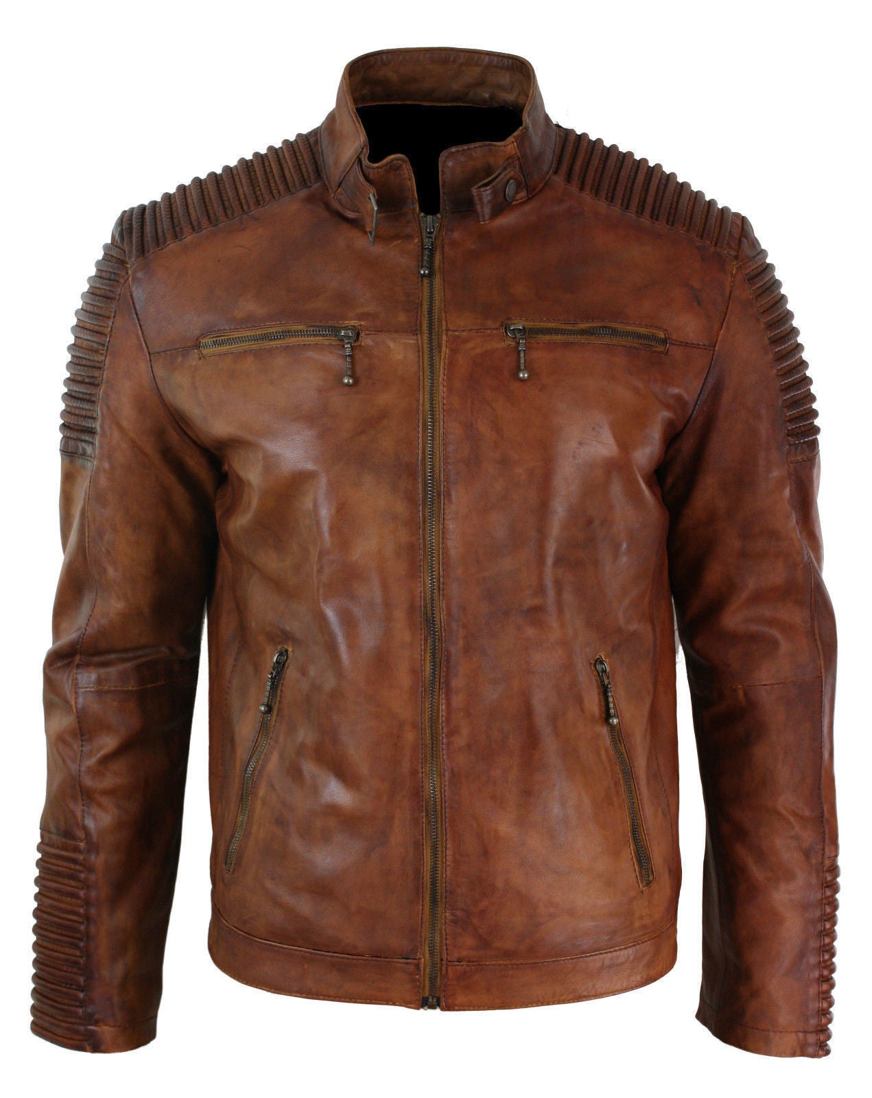 Men Yellow Cafe Racer Vintage Motorcycle Leather Jacket
