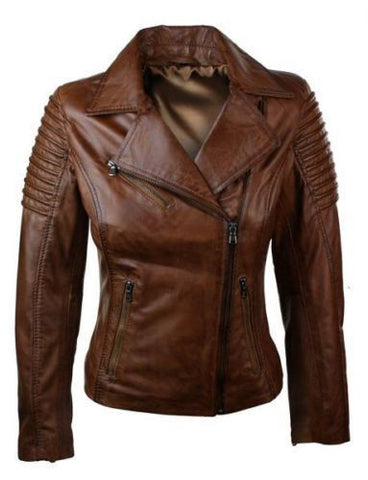Women Genuine Real Leather Slim Fit Waxed Brown Biker Jacket